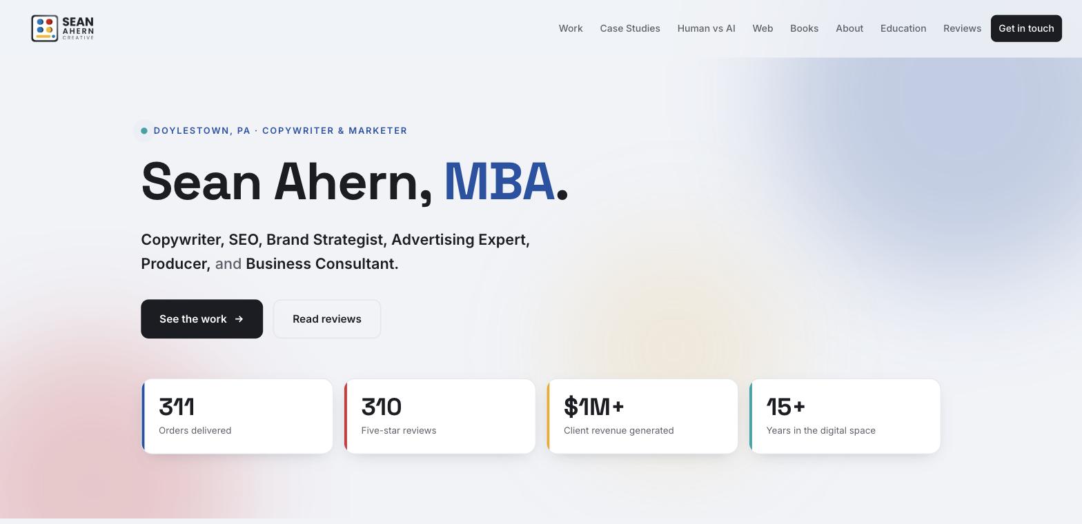 Personal branding website example for Sean Ahern, MBA, a copywriter and brand strategist in Doylestown, Bucks County PA
